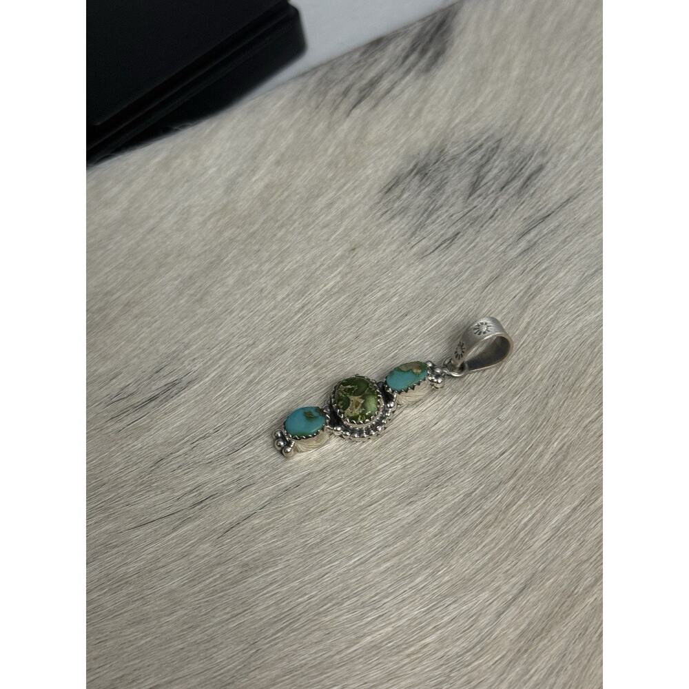Sterling Silver Blue Green Sonoran Gold Turquoise 3 Stone Pendant 925 Stamp Bail - Picture 6 of 8